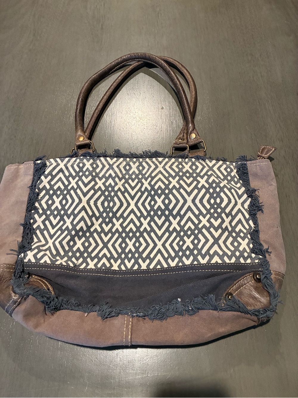 Myra bag Geometric Print Canvas Tote Bag in Navy and Taupe